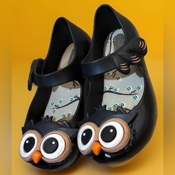 Mini Melissa Black Big Eyes Owl Shoes Girls Size 8 - Picture 2 of 14